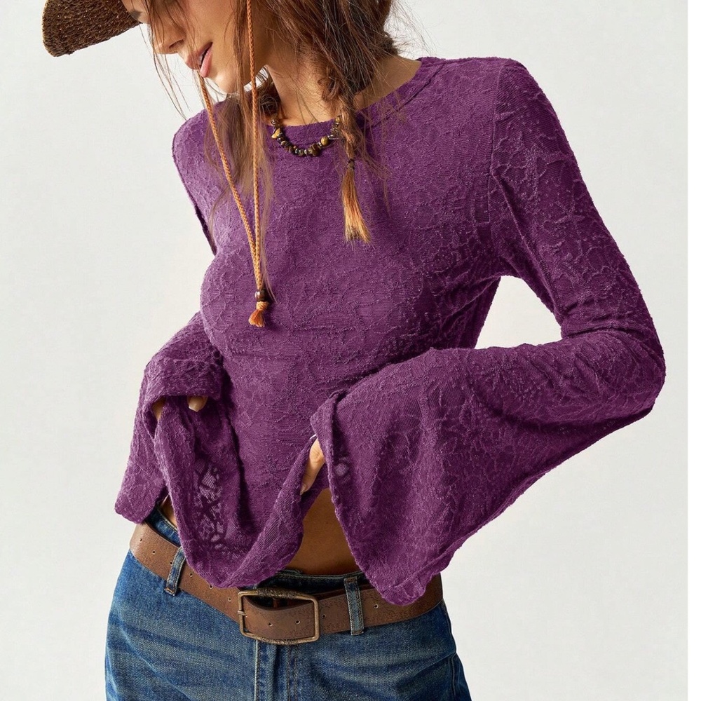 Solid lace Fitted Long Bell Sleeve Top